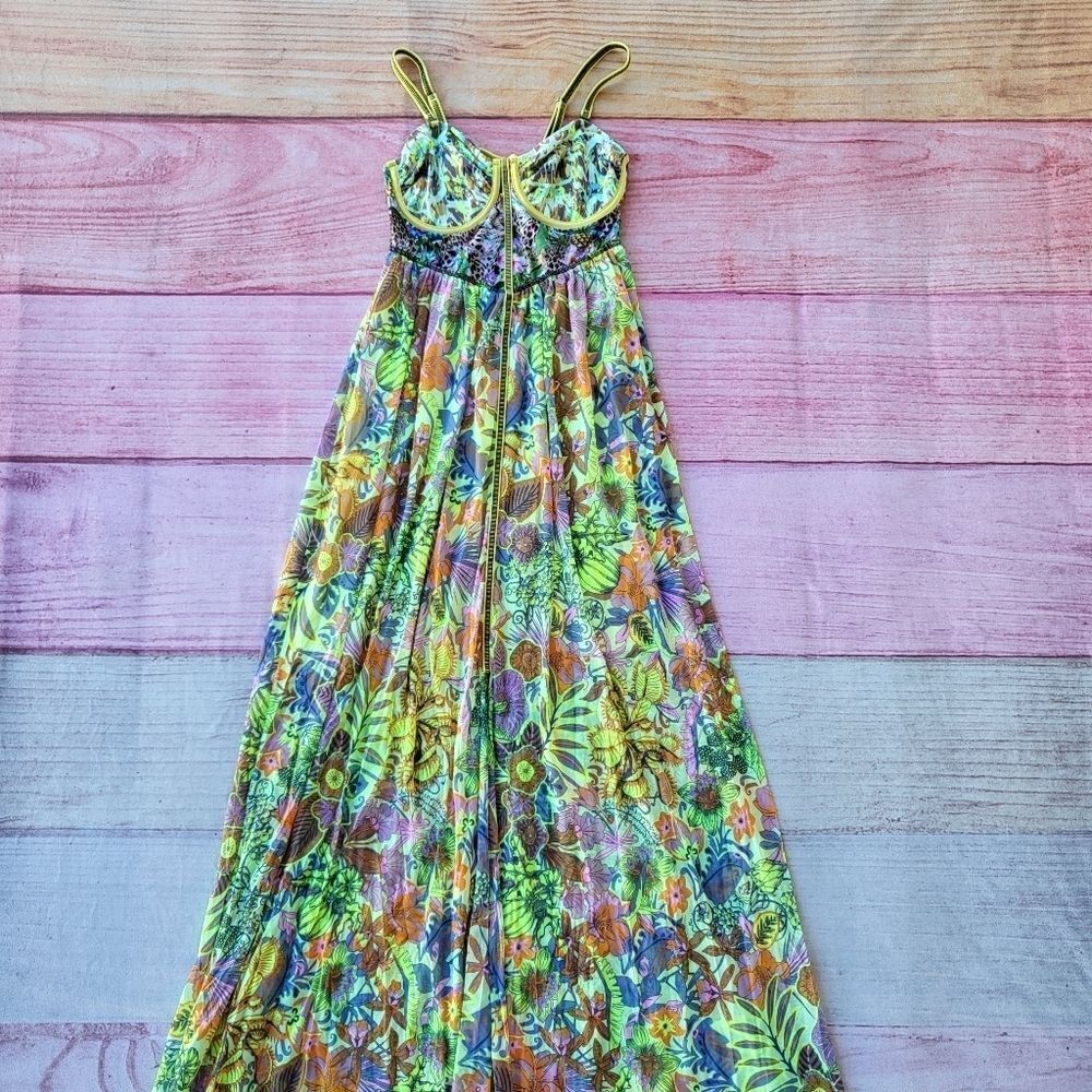 Maaji Honey Pot‎ Multicolor Floral Bustier High Slit Maxi Dress Medium - Picture 10 of 13